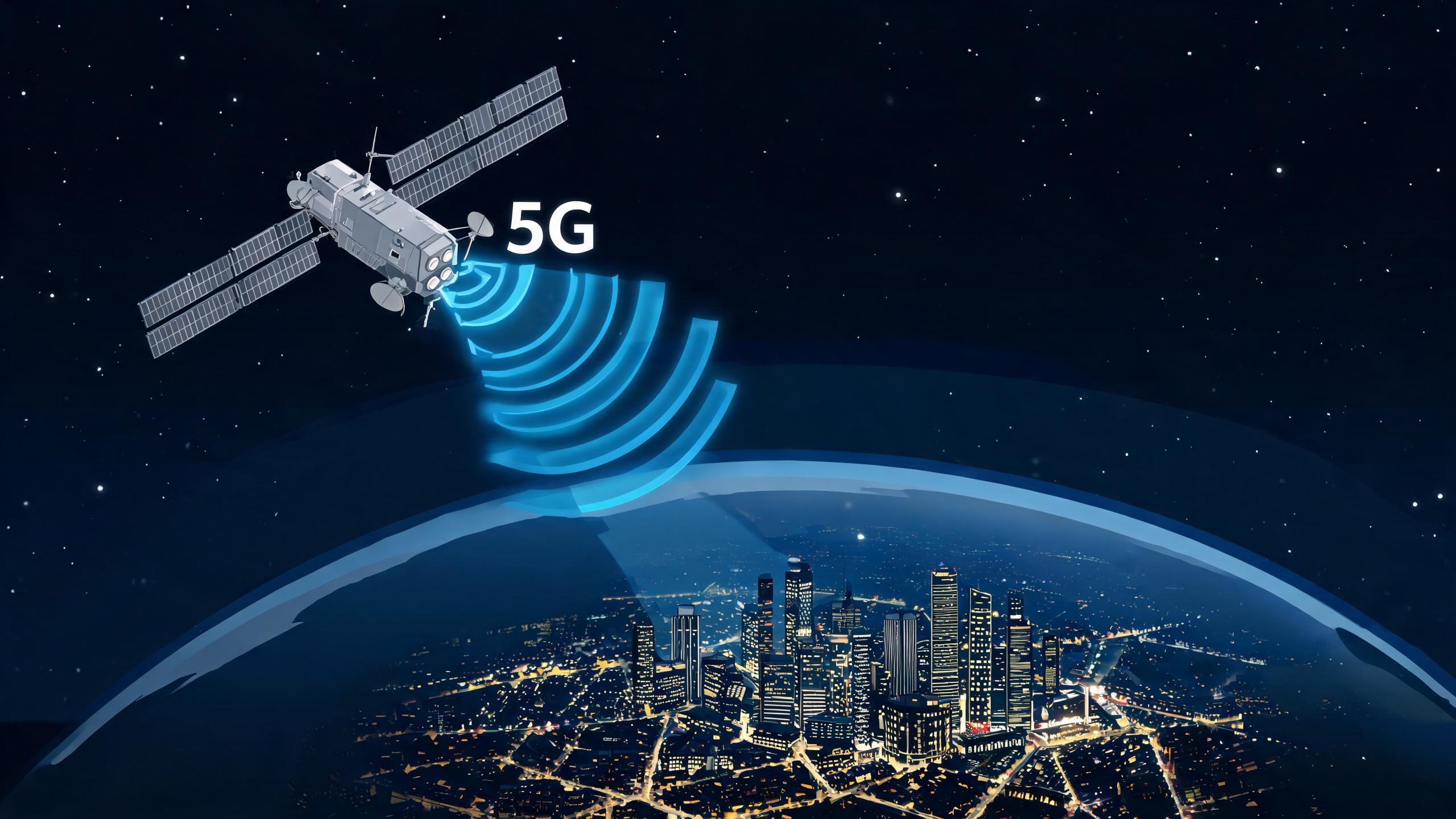 5G NTN卫星通信示意图——卫星将5G信号波束投向地面城市